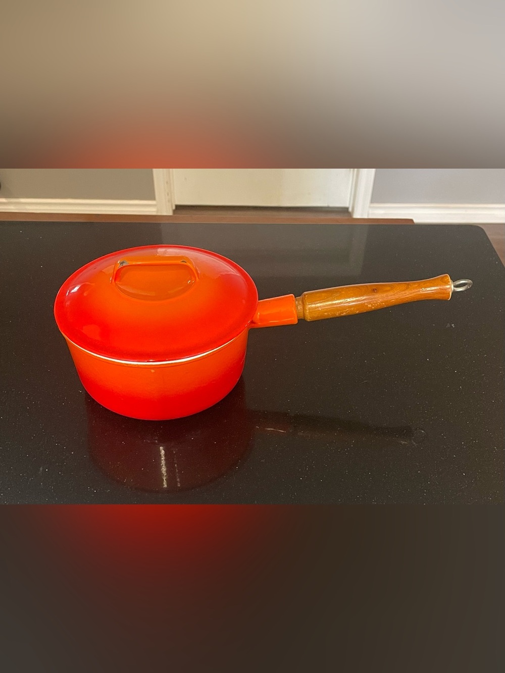 Carson MCM 1970s Bright Orange Enamel Saucepan with Wooden Handle